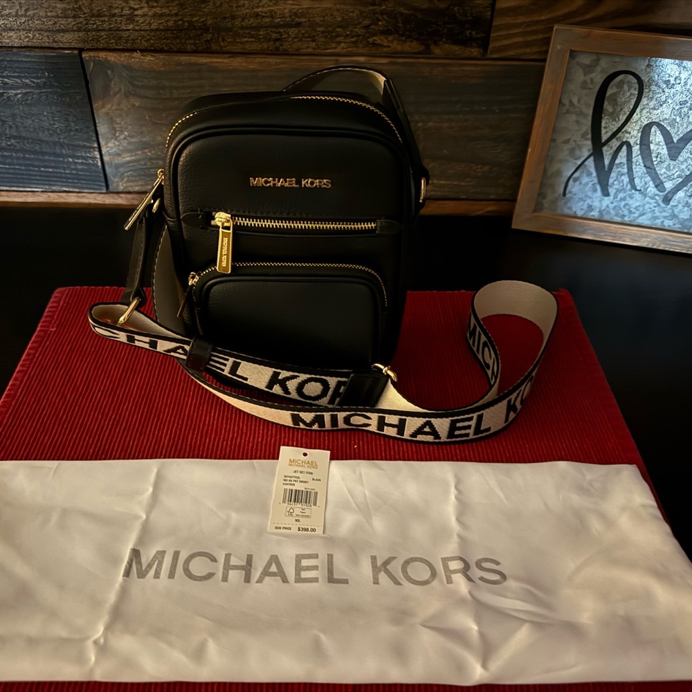 Michael Kors Black Leather Belt Bag with Gold Hardware and Branded Strap
